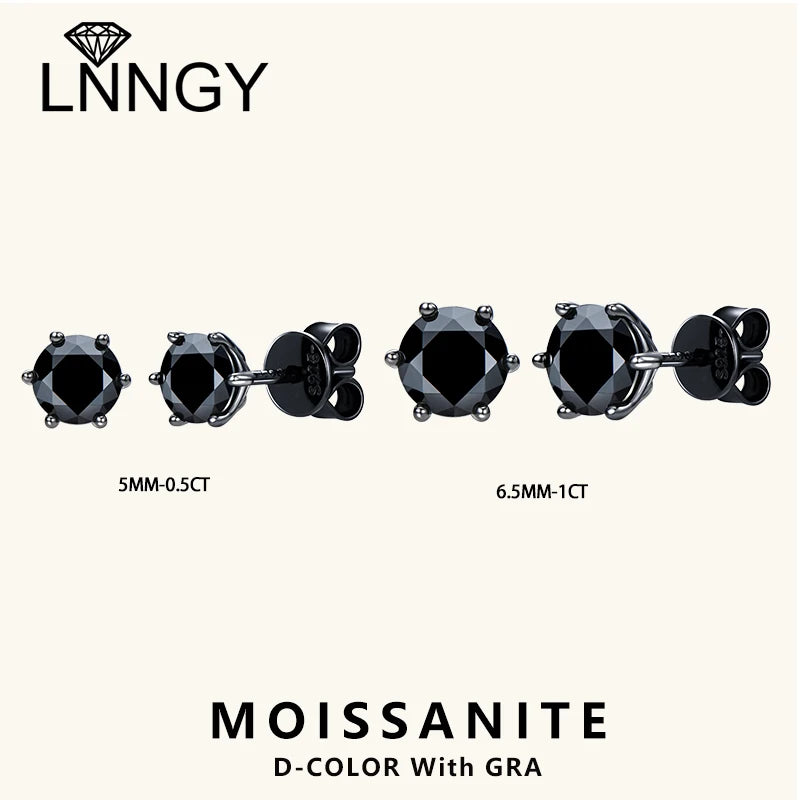 Lnngy Pass Diamond Test 5mm 6.5mm Black Moissanite Stud Earring 925 Sterling Silver 6 Claws Piercing Earrings for Women Men Gift