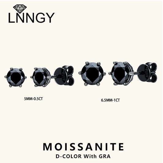 Lnngy Pass Diamond Test 5mm 6.5mm Black Moissanite Stud Earring 925 Sterling Silver 6 Claws Piercing Earrings for Women Men Gift