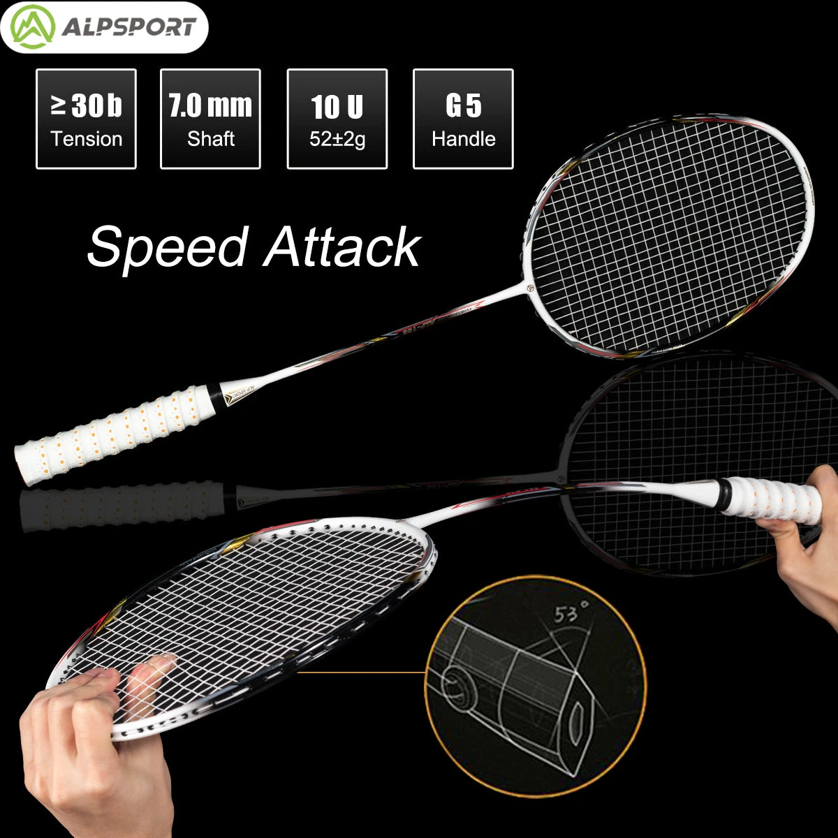 Alpsport AIR 10U Badminton Racket 52g Ultralight, HM Carbon Fiber & Titanium, 28lbs Fast Rebound for Pro Players