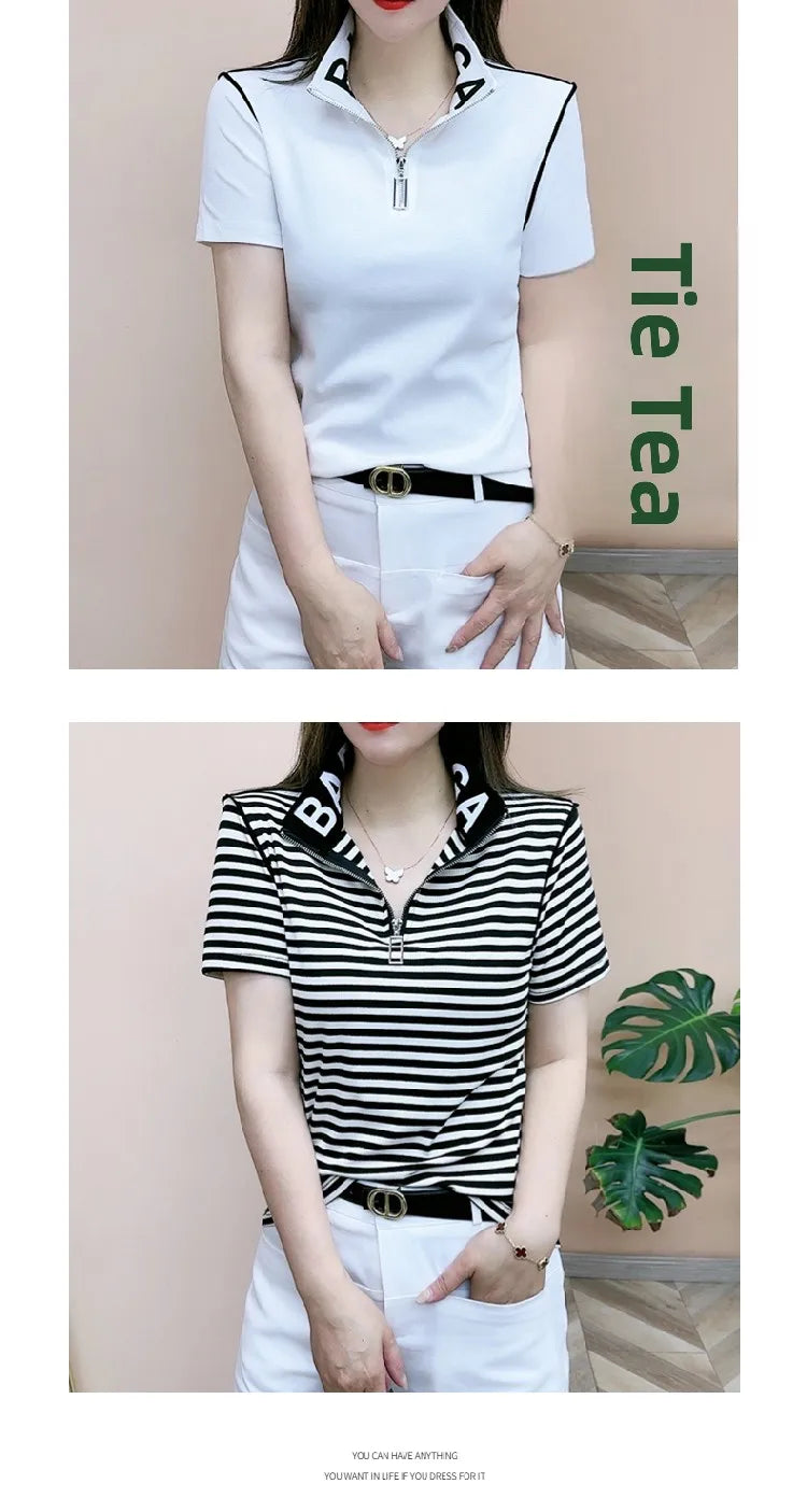 ort Sve T-irt Women's Summer New Faion  irt Zipper Collar Mom's Clothes Anti-Aging Base Layer Top Polyester Fiber