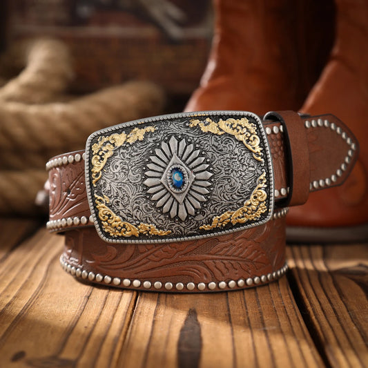 An alloy plate buckle PU material belt, suitable for both men and women, to create a personalized Western retro style