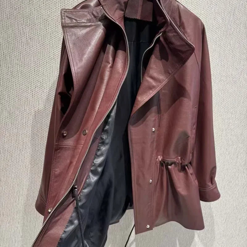 Real Sheepskin Coat Spring And Autumn Women Regular Length Pleating Design High Quality Outerwear Female Genuine Leather Jacket