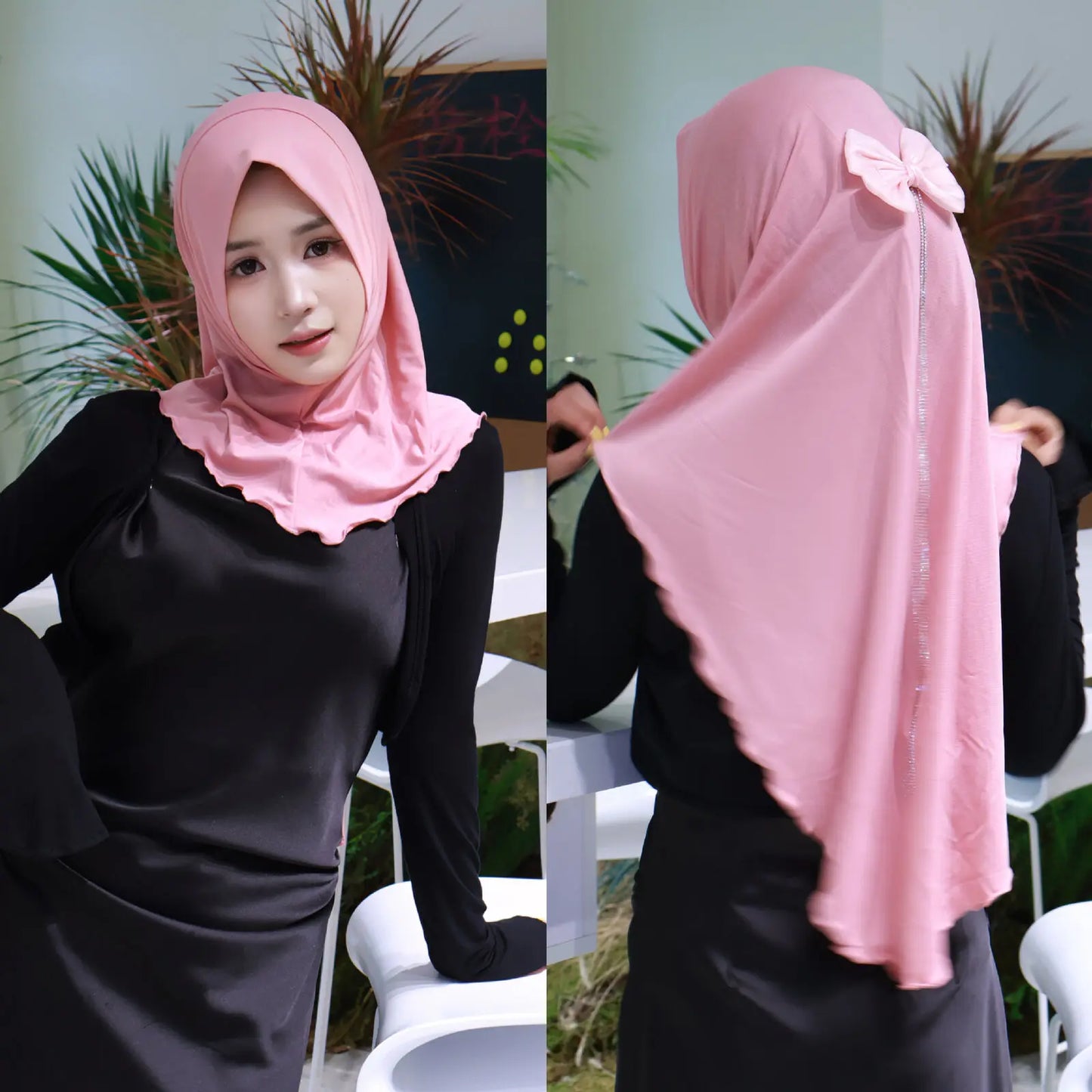 Muslim Elegant Girls Instant Hijab with Bowknot Islamic Women Turban Full Cover Scarves Shawl Arab One Piece Amira Head Wraps