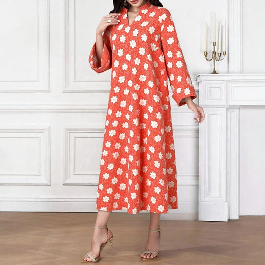 Rafiah Women's Arabian Dress Even Dress 2025 Summer Traditional Elegant Full Print Long Sleeve V-Neck Loose Fit Long Dress
