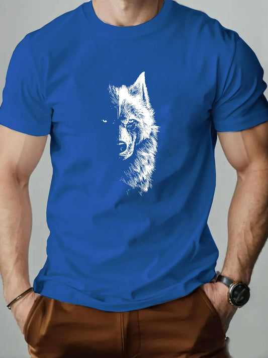 🐺 Men’s Summer 100% Cotton Casual T-Shirt,Half Wolf Pattern Print | Loose Fit | Round Neck | Breathable Comfort