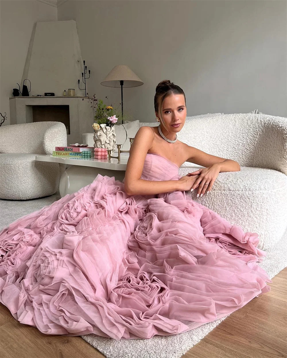Mila Pink Strapless Boll Gown Prom Dress 3D Flower Tra-length New In Dresses Homecoming Tiered Ruffle Customized Evening Dresses