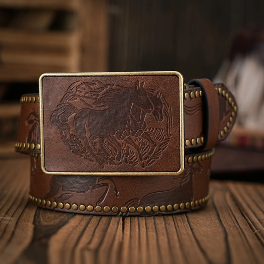 Men & Women - Western Denim - pu Leather - Belt - Vintage Patch animal print buckle riveted Belt Jeans