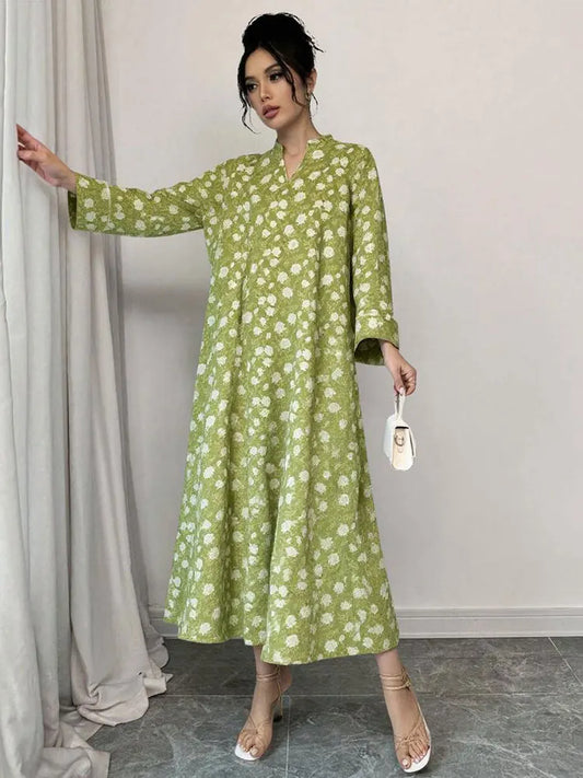 Rafiah Women's Even Dress Arabian 2025 Summer Chic Full Print Long Sleeve Half Open Collar Midi Draped Long Dress