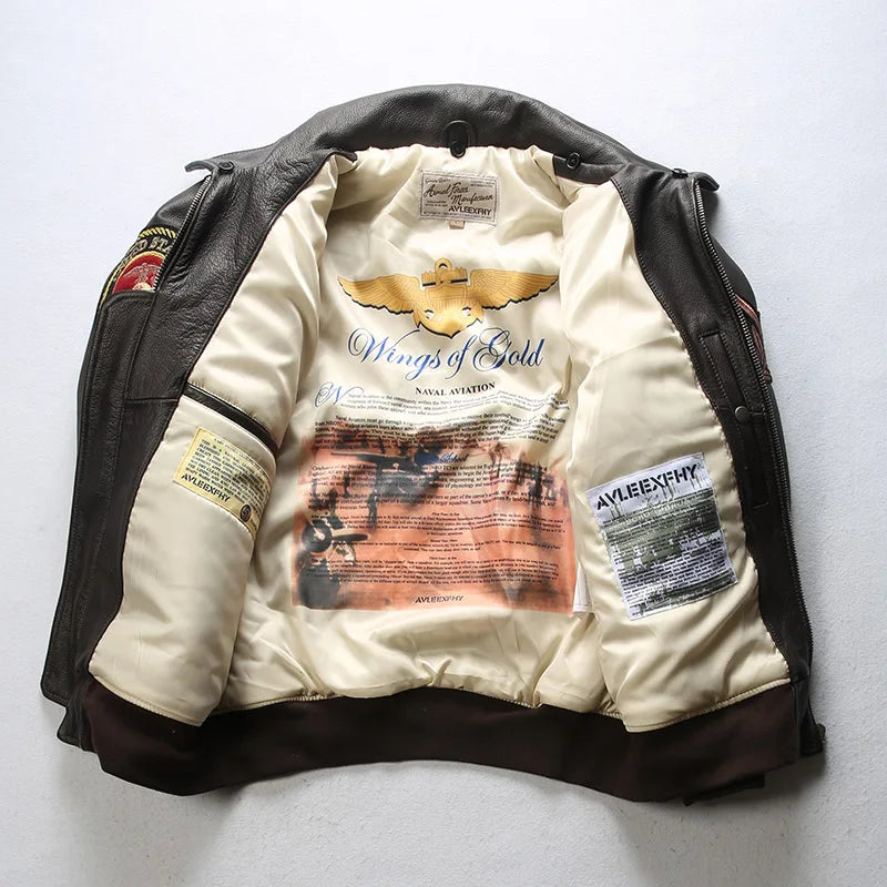 Super Fast Shipping G1 Pilot Jacket Men Removable Hair Collar Genuine Cowhide Vintage Embroidered Label Casual Leather coat TOP
