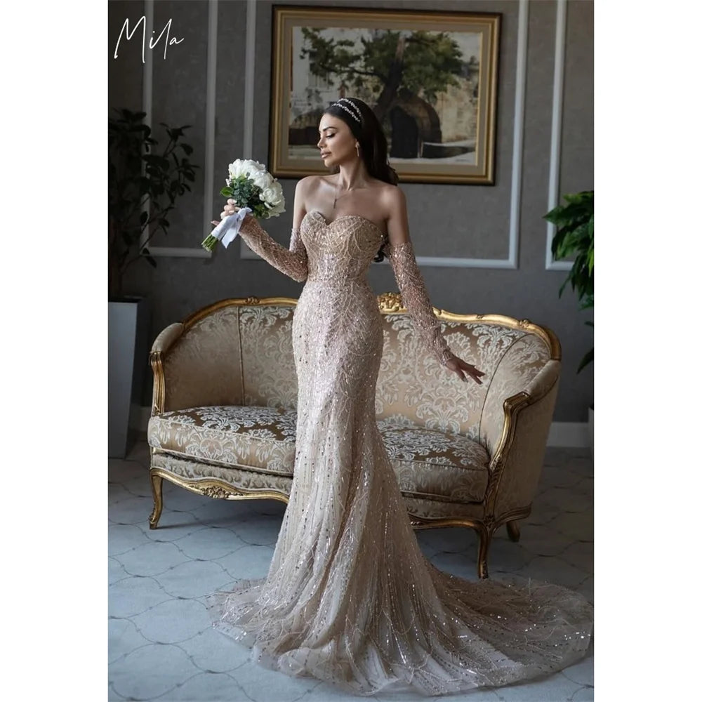 Mila Strapless Wedding Party Dress Customized Cascading Ruffle Lace-Up Evening Dresses Mermaid Court Train vestidos de fiesta