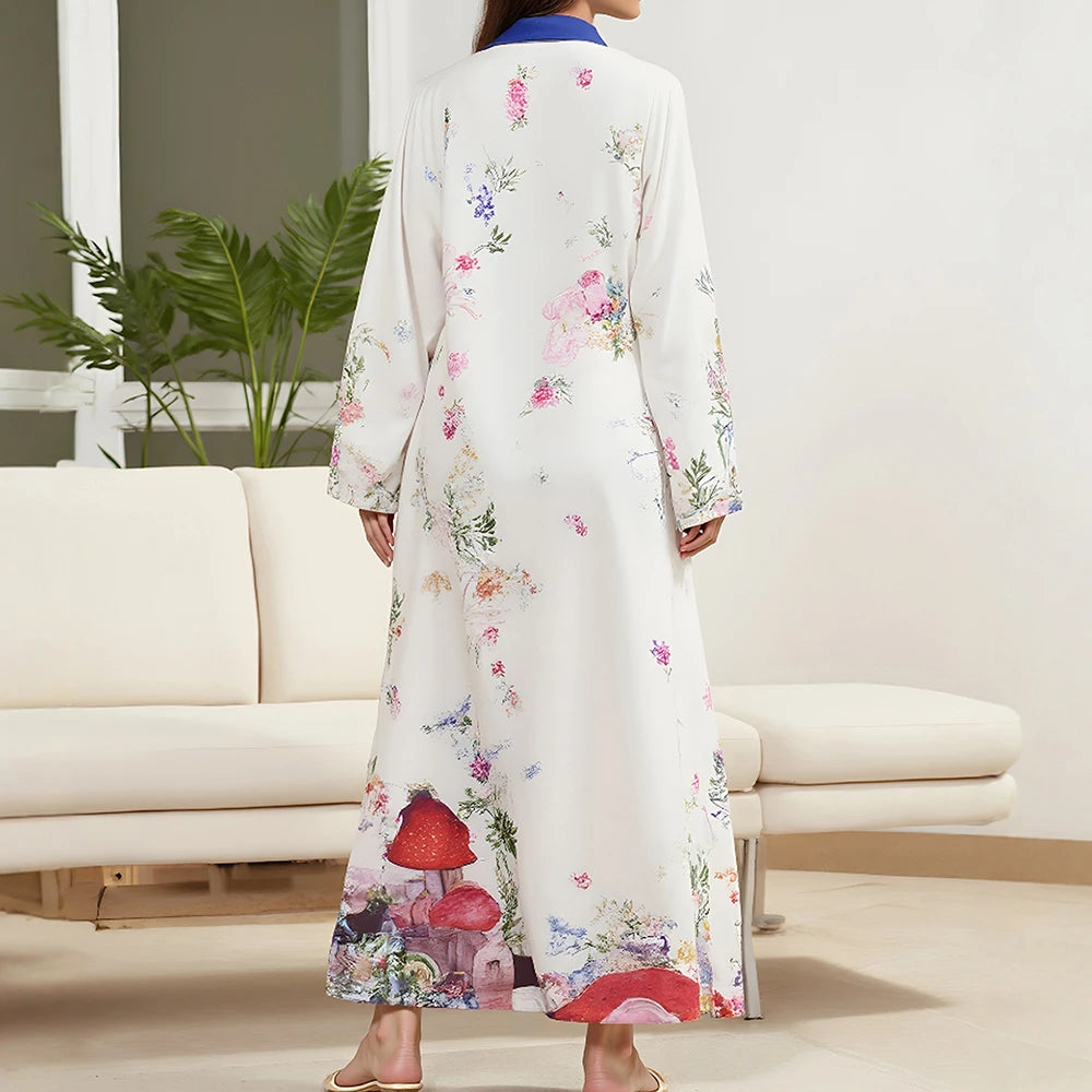 Rafiah Women's Dresses Summer Elegant Decent 2025 Cultural Print Long Sleeve V-Neck A Line Casual Long Dress