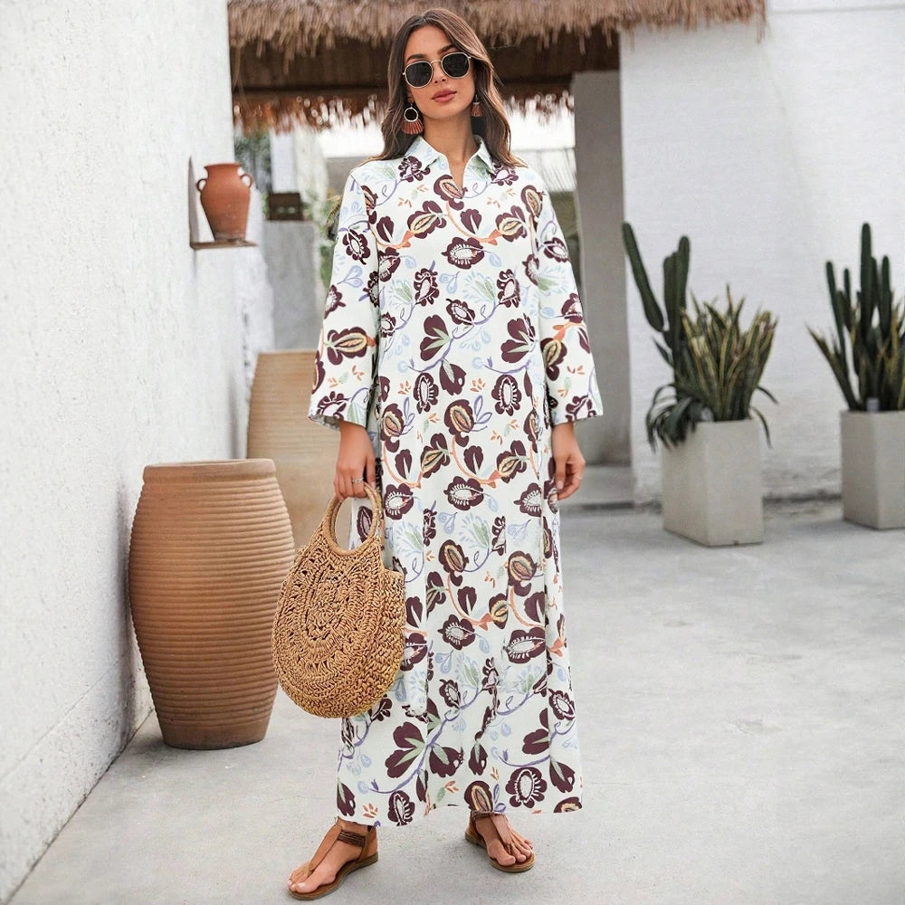 Rafiah Women's Summer Long Dress 2025 Arabian Dress Edgy V-Neck Long Sleeve A-Line Maxi Plant Printing Casual Dress