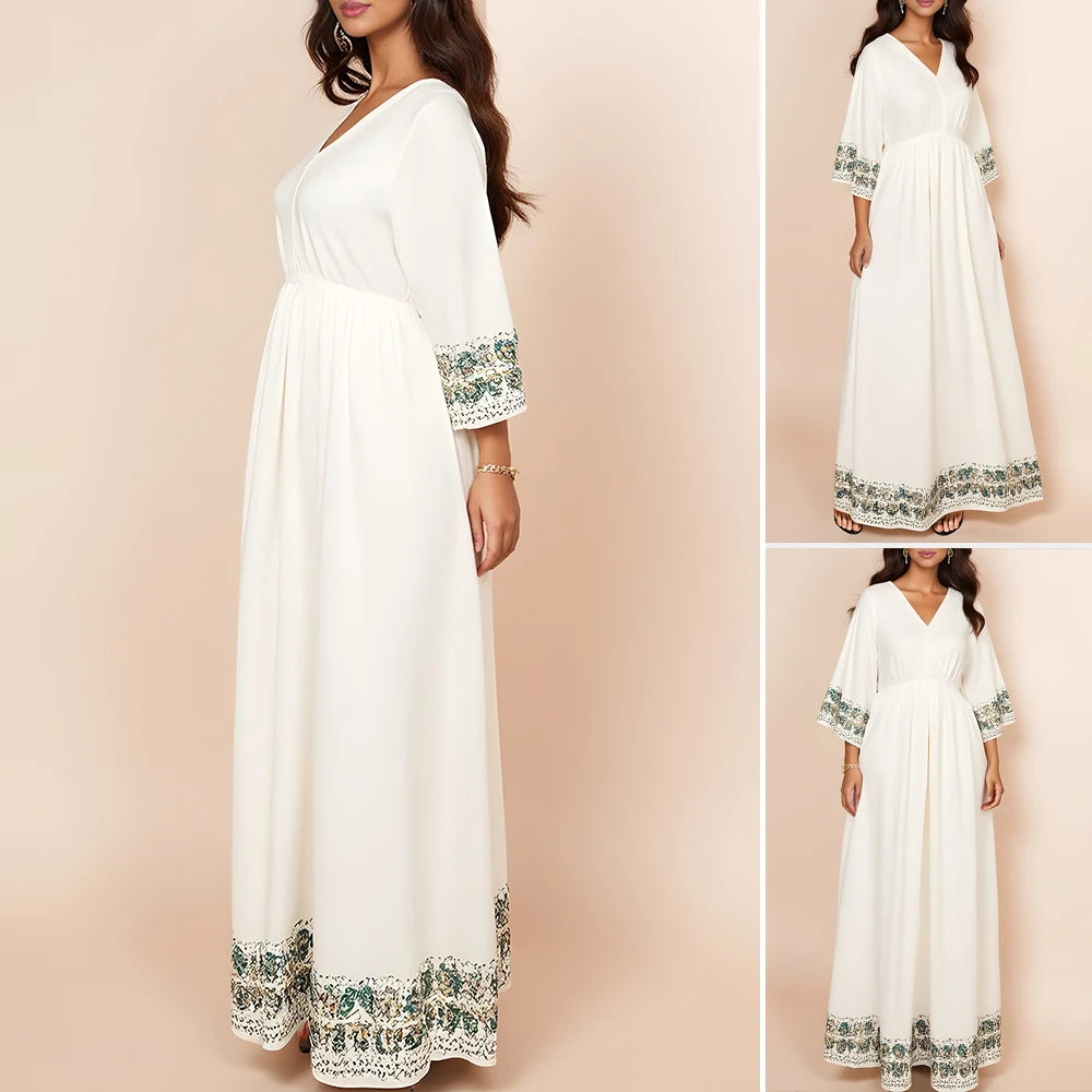 Rafiah Autumn Arabian Long Dress 2025 Decent Elegant Graphic Printing Long Sleeve V-Neck Midi Dresses Daily Dress For Women