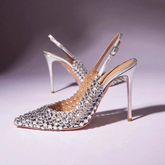 Silver Water Drop Shiny Diamond Slingback Sandals Girls Luxury Party Pointed Stilettos Gold Leather Cover Heels Shoes
