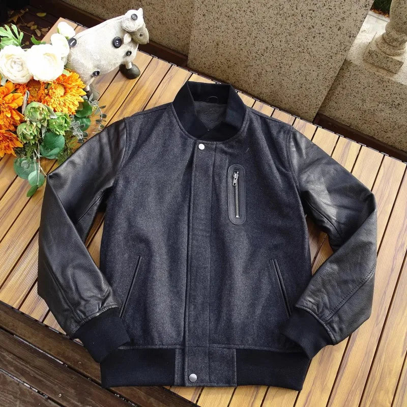 Men 100% Genuine Leather Jacket Woolen Patchwork Loose Stand Collar Jacket Street Zip Black Bomber Outerwear Plus Size 6XL