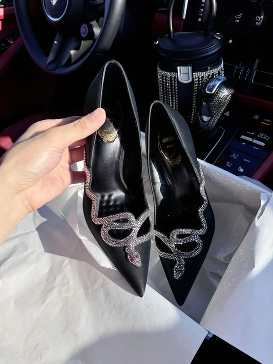 Silver Crystal Snake Wrapped Point Toe Pumps Women Elegant Bling Sole Stilettos Summer Fashion Office Ladies Chic Banquet Pumps