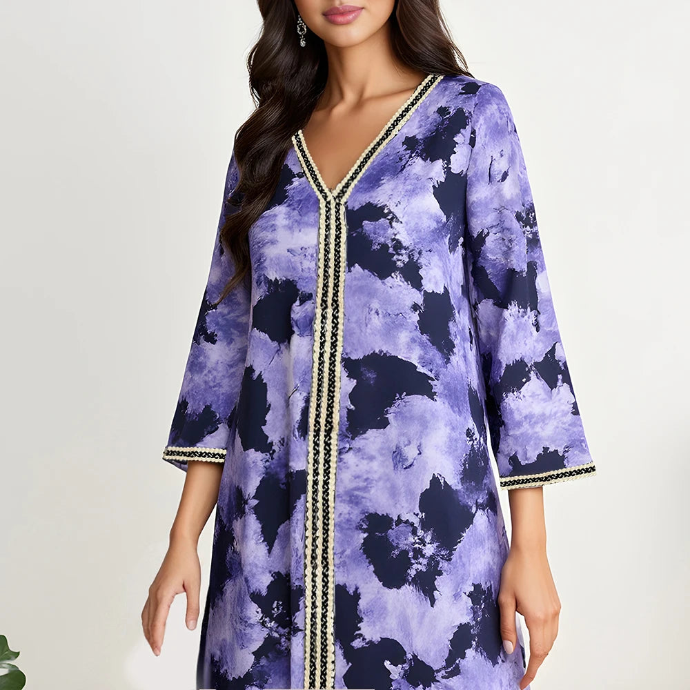 Rafiah Autumn Arabian Dress 2025 Women's Traditional Elegant Patchwork Full Print Long Sleeve V-Neck Gauze Long Dress