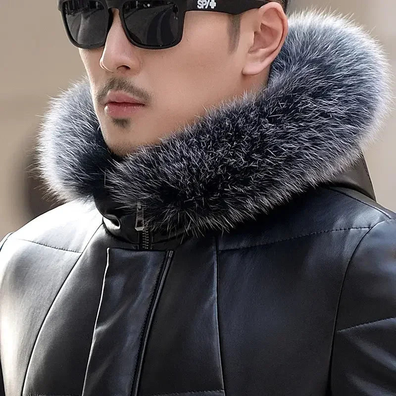 Down Jacket Genuine Leather Jacket Men's Mid Length Slim Fit Hooded Sheepskin Coat Man Puffer Jacket Winter Thicken Windbreaker