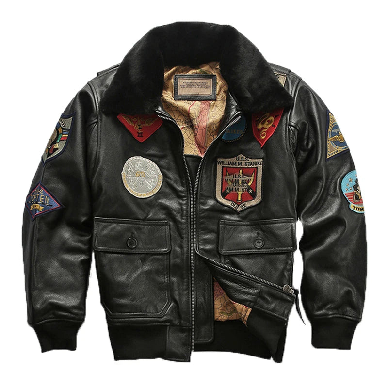 Top Gun Genuine Cowhide Leather Jacket with Wool Collar – Embroidered Unisex Motorcycle Coat