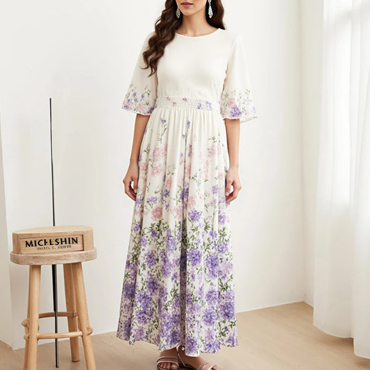 Rafiah Summer Arabian Dress 2025 Women's Decent Flower Full Print Folds Short Sleeve Round-Neck Daily Basic Midi Dress
