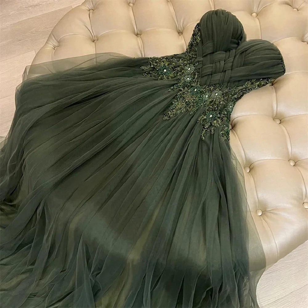 Mila A-Line Strapless Prom Dresses Embroidery Appliques Evening Dresses Sleeveless Floor-Length Tulle Customized Party Dresses