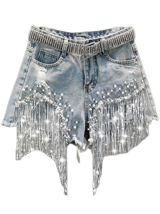 Elegant Tassel Beaded High Waist Denim Shorts – Wide-Leg Summer Jeans