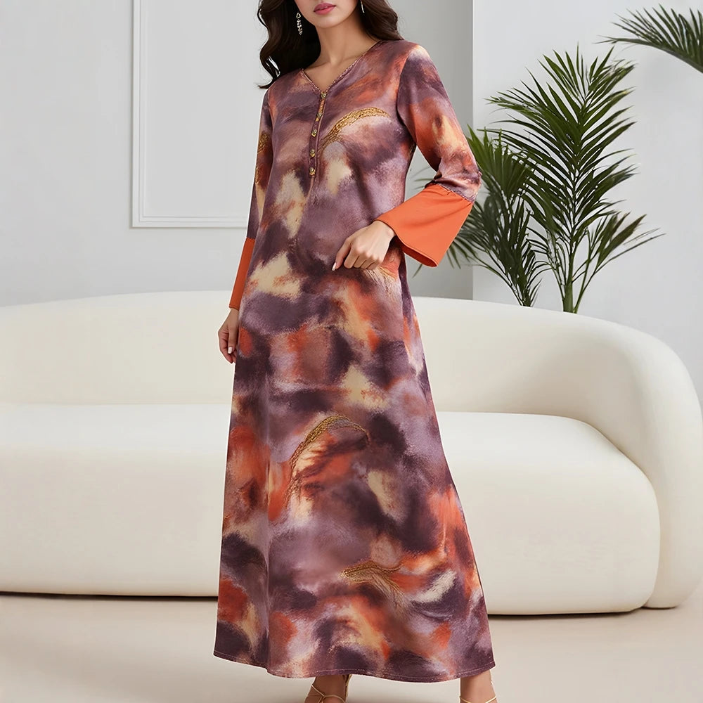 Rafiah Dress Spring Summer Elegant Modest Fashion Tie Dye Long Sleeve V-Neck Maxi Evening Dresses