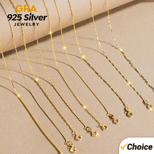GRA 18K Gold Minimalist Box Snake Chain Necklace for Women Gift 40cm 45cm Choker Real 925 Sterling Silver Fashion Fine Jewelry