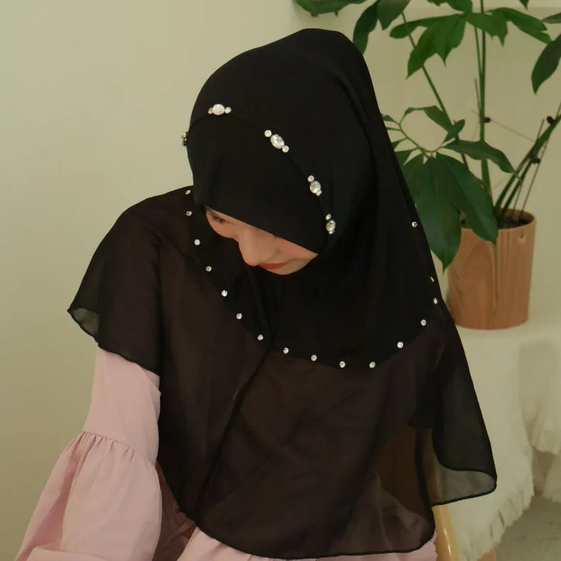 Women's Diamonds Turban One Piece Amira Muslim Hijab Islamic Instant Headwraps Scarf Shawl Dubai Pull On Headband Cap Arab