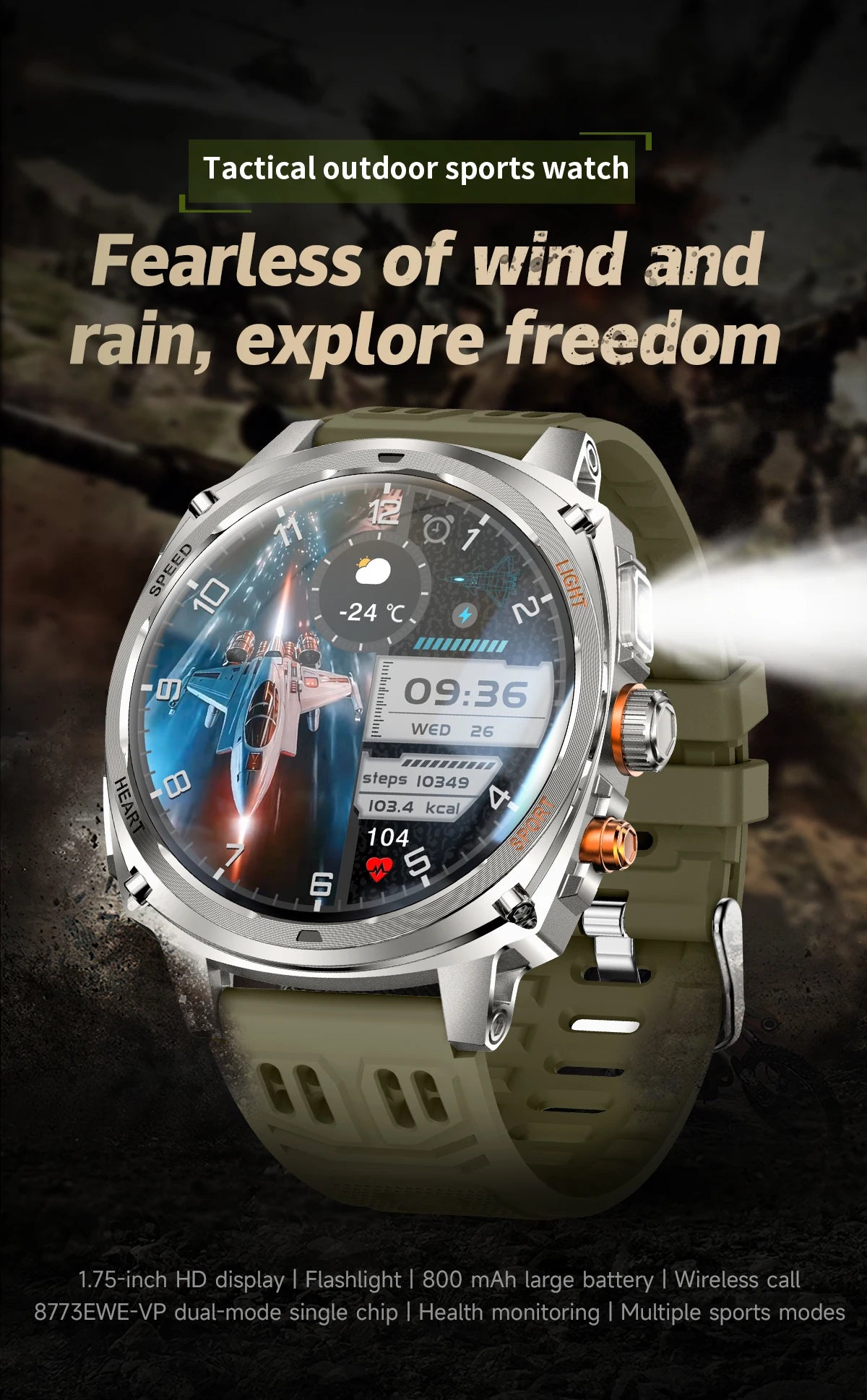 LIGE Rugged Military 1.75-inch AMOLED Screen Smart Watch With LED Flashlight 800mAh Battery Bluetooth Call Smart Watch Men Gift