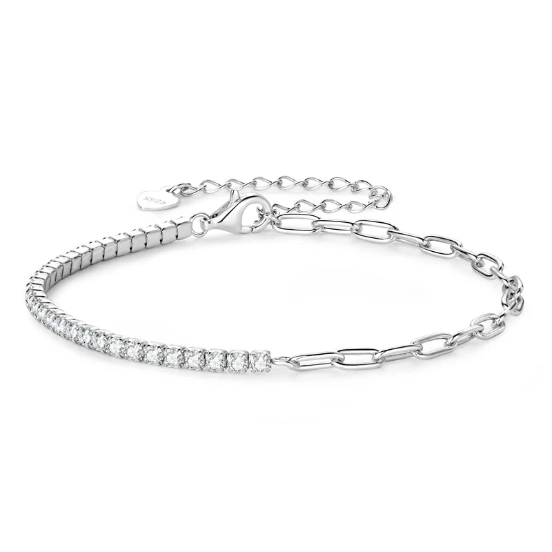 Lnngy 2mm Moissanite Bracelet Korean Ins 925 Sterling Silver Paper Clip Chain Adjustable Bracelets For Women Simple Hand Jewerly