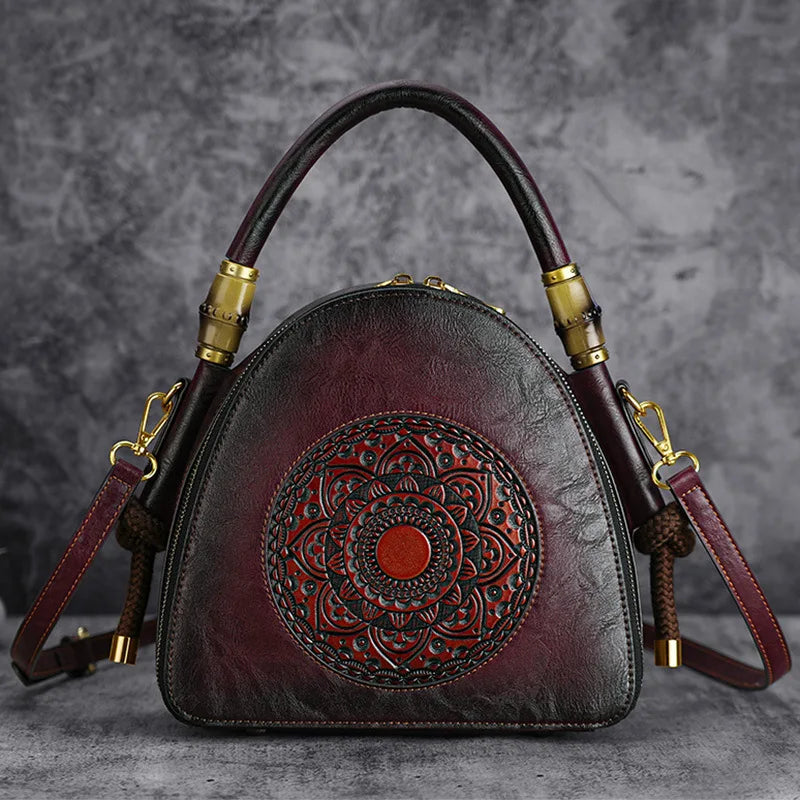 MOTAORA Bamboo Top Handle Embossed Leather Shoulder Bag, Vintage Bohemian Crossbody Purse for Women Handmade Large Capacity Tote