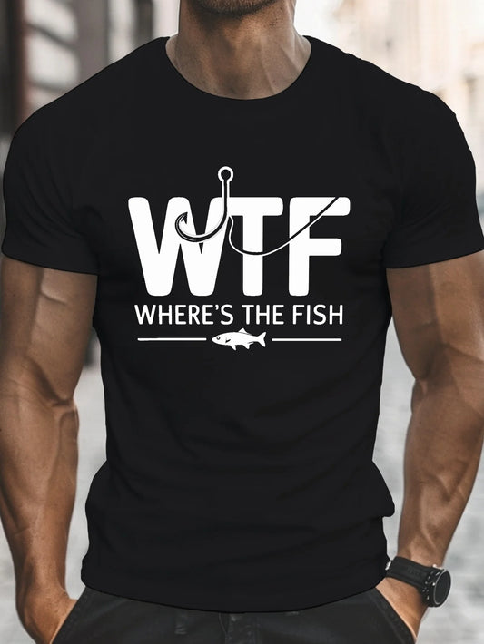 🐟 Men’s Summer 100% Cotton Casual T-Shirt,WTF (where’s the fish) Print | Loose Fit | Round Neck | Breathable Comfort