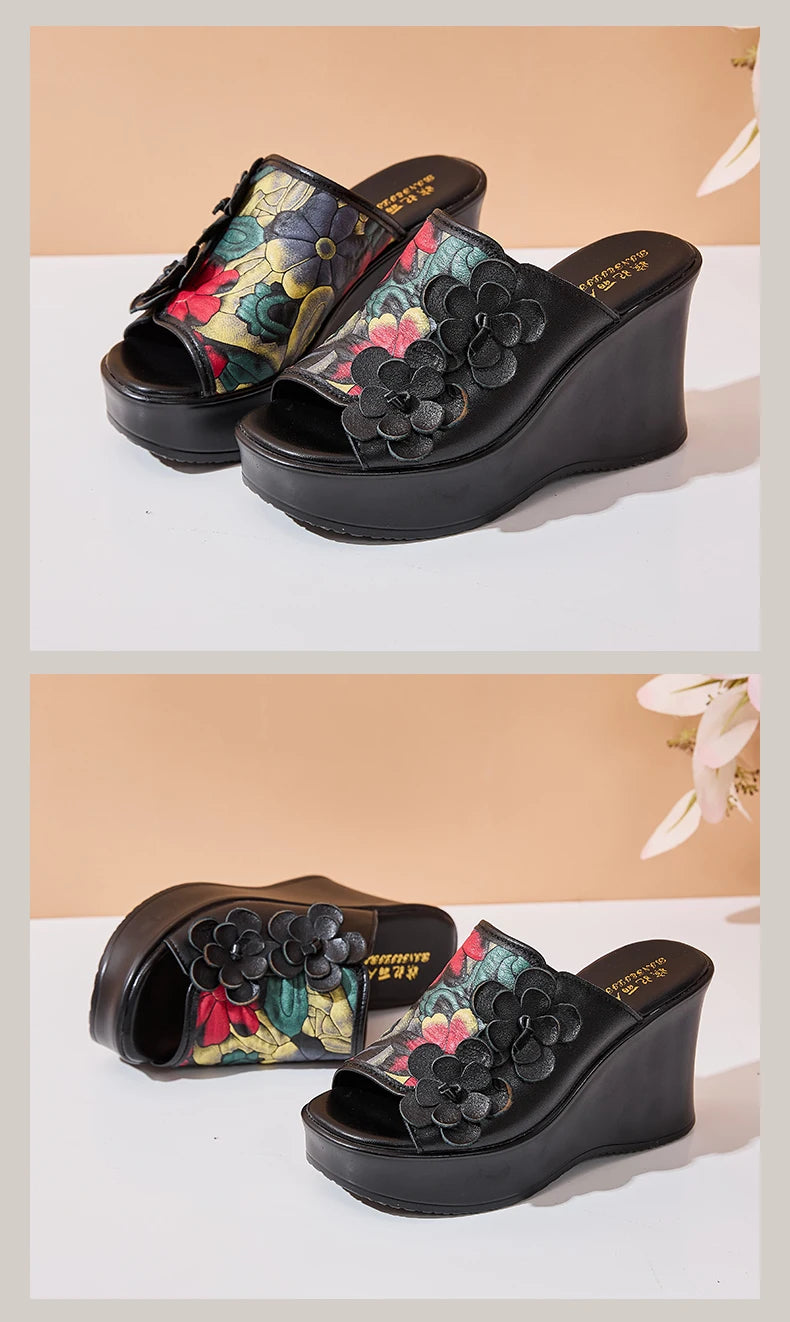 Genuine Leather Women Flower High Heels Wedges Summer Platform Slippers