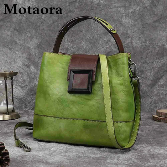 MOTAORA Women's Vintage Bucket Bag Genuine Top-Grain Leather Handmade Purse Luxury Designer Casual Office Travel Shoulder Bag
