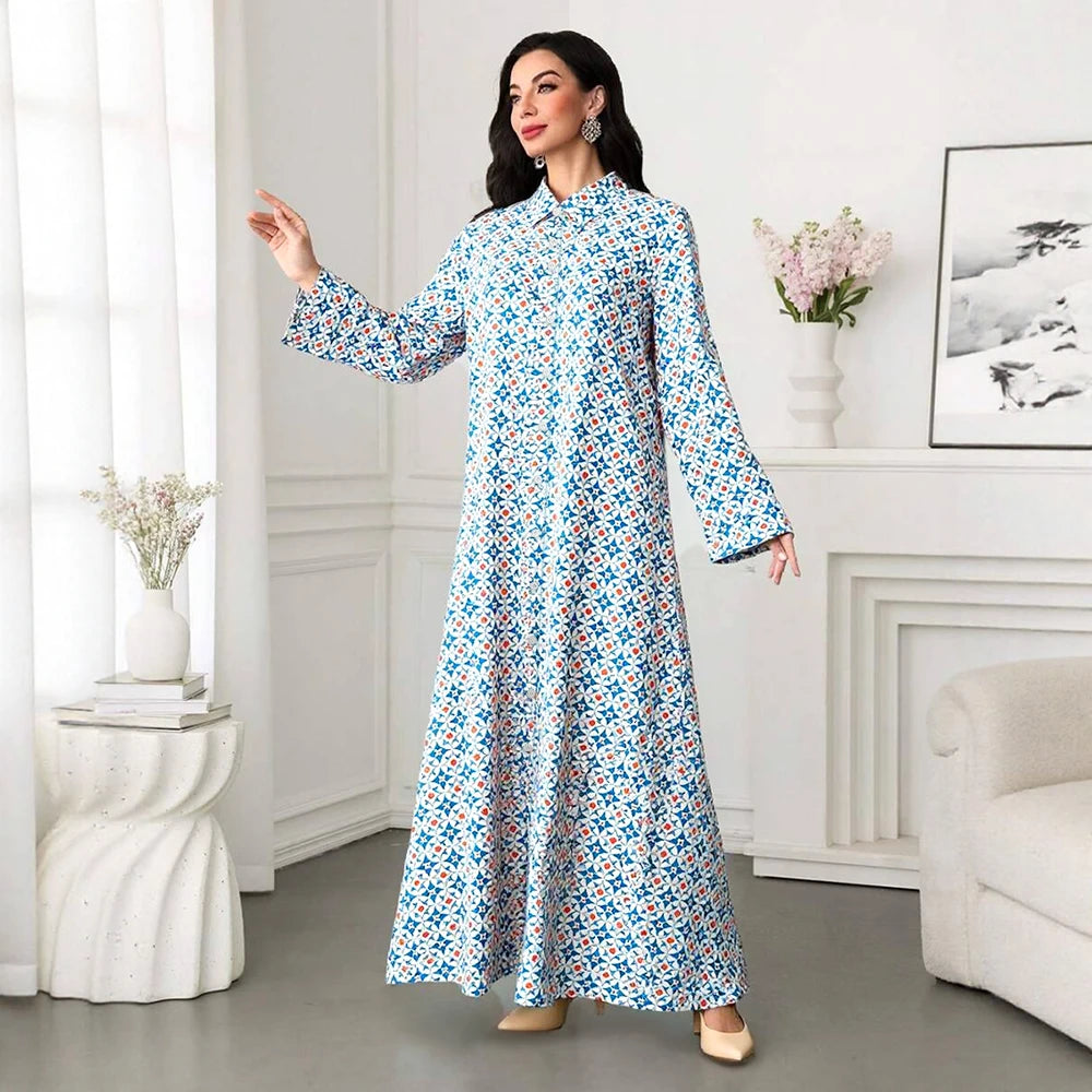 Rafiah Women's Long Dresses Summer Elegant 2025 Full Print Chic Long Sleeve Shirt Collar A-Line Midi Vacation Dresses