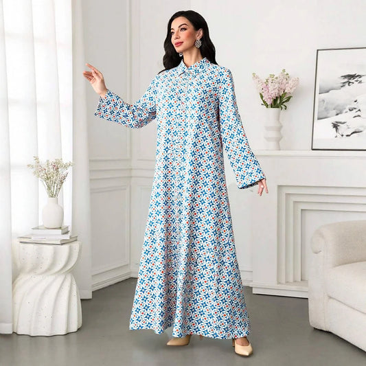 Rafiah Women's Long Dresses Summer Elegant 2025 Full Print Chic Long Sleeve Shirt Collar A-Line Midi Vacation Dresses