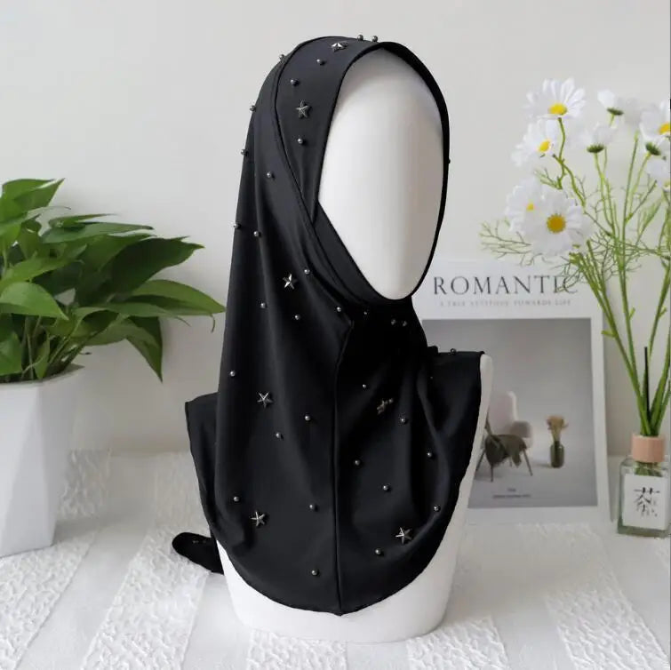 Muslim Women Mesh Beaded Hijab Instant Scarf Cap Islamic Headwraps One Piece Amira Malaysian Headwear Arab Shawls Scarves