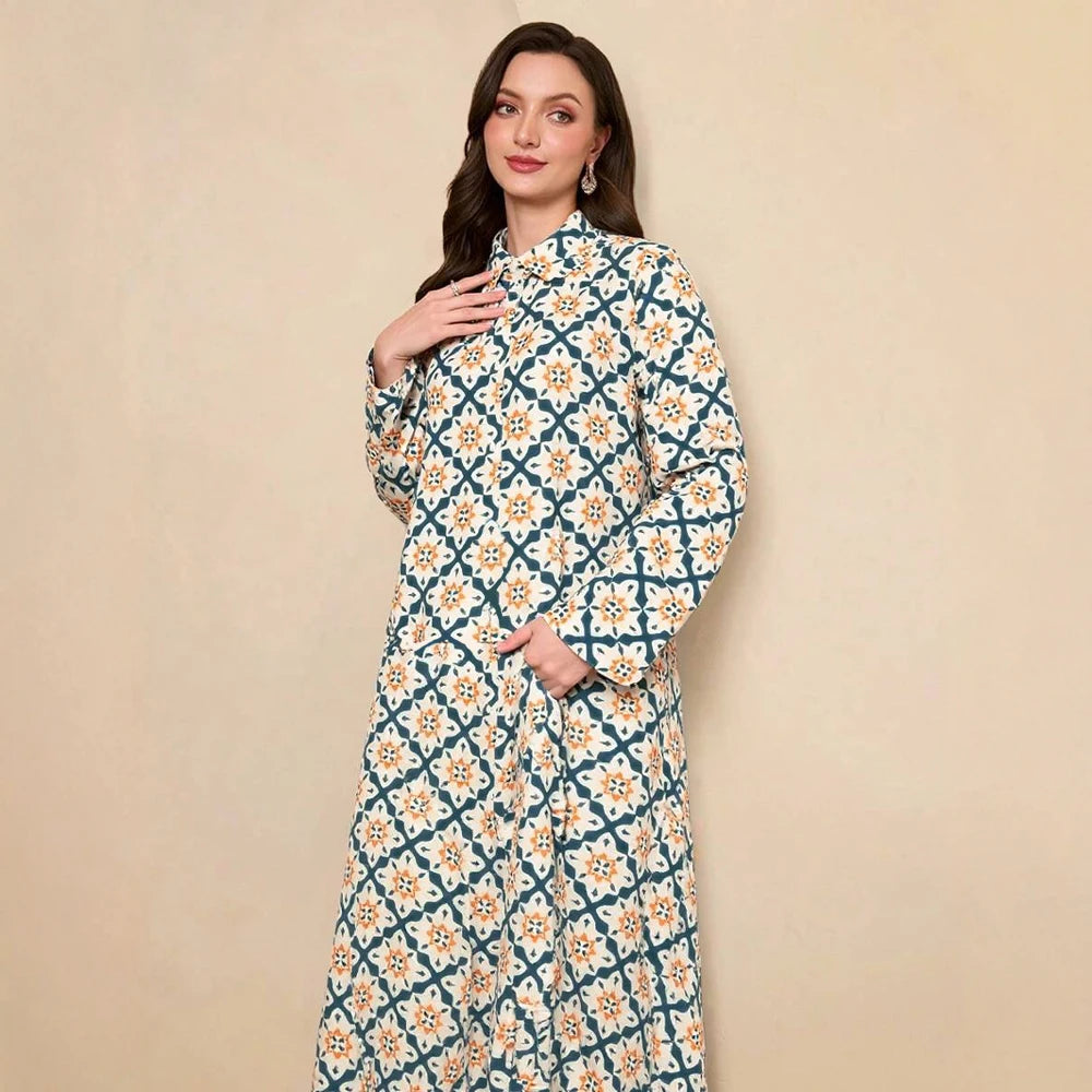 Rafiah Women's Long Dresses Summer Elegant 2025 Full Print Edgy Long Sleeve Shirt Collar A-Line Midi Vacation Dresses