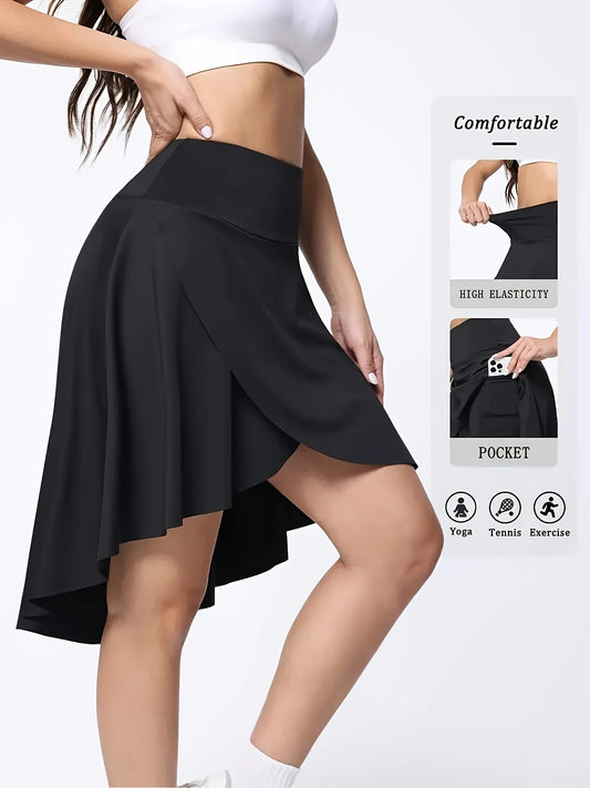 Women's summer high waisted long sports short skirt with shorts, asymmetrical hem, side slit, and pockets