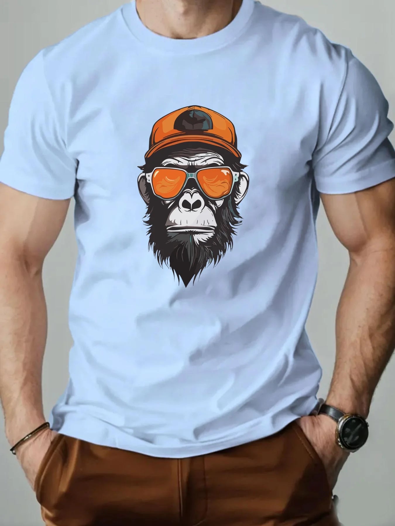 Men's summer 100% pure cotton fashionable casual sports loose monkey with sunglasses 😎 glasses  pattern printed round neck short sleeved T-shirt top