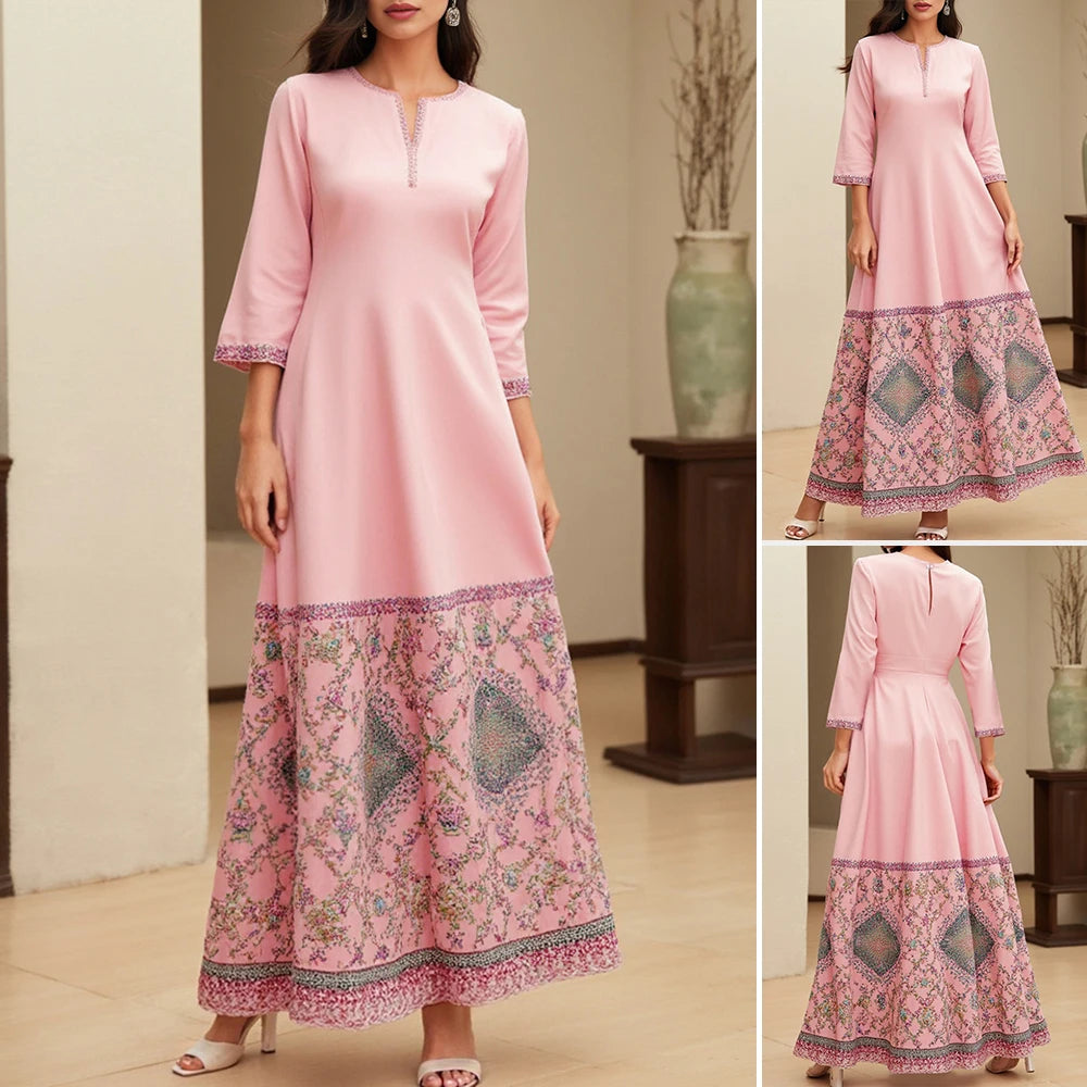 Rafiah Women's Dresses Summer Elegant Decent 2025 Cultural Print Long Sleeve V-Neck Midi A Line Casual Long Dress