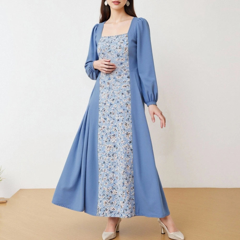 Rafiah Autumn Arabian Long Dress 2025 Fashion Casual Contrast Color Ditsy Floral Long Sleeve A-Line Dress For Women