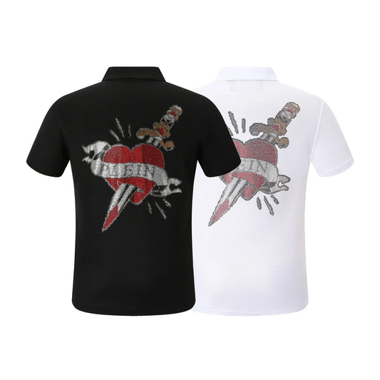 Black and white polo shirts with heart and dagger designs on a white background