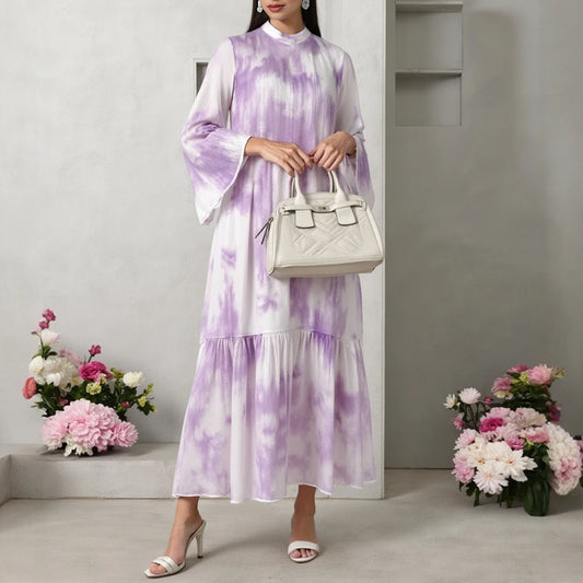 Rafiah Autumn Women's Arabian Dress 2025 Elegant Basics Contrast Color Long Sleeve Round-Neck Ruffle Hem Long Dress