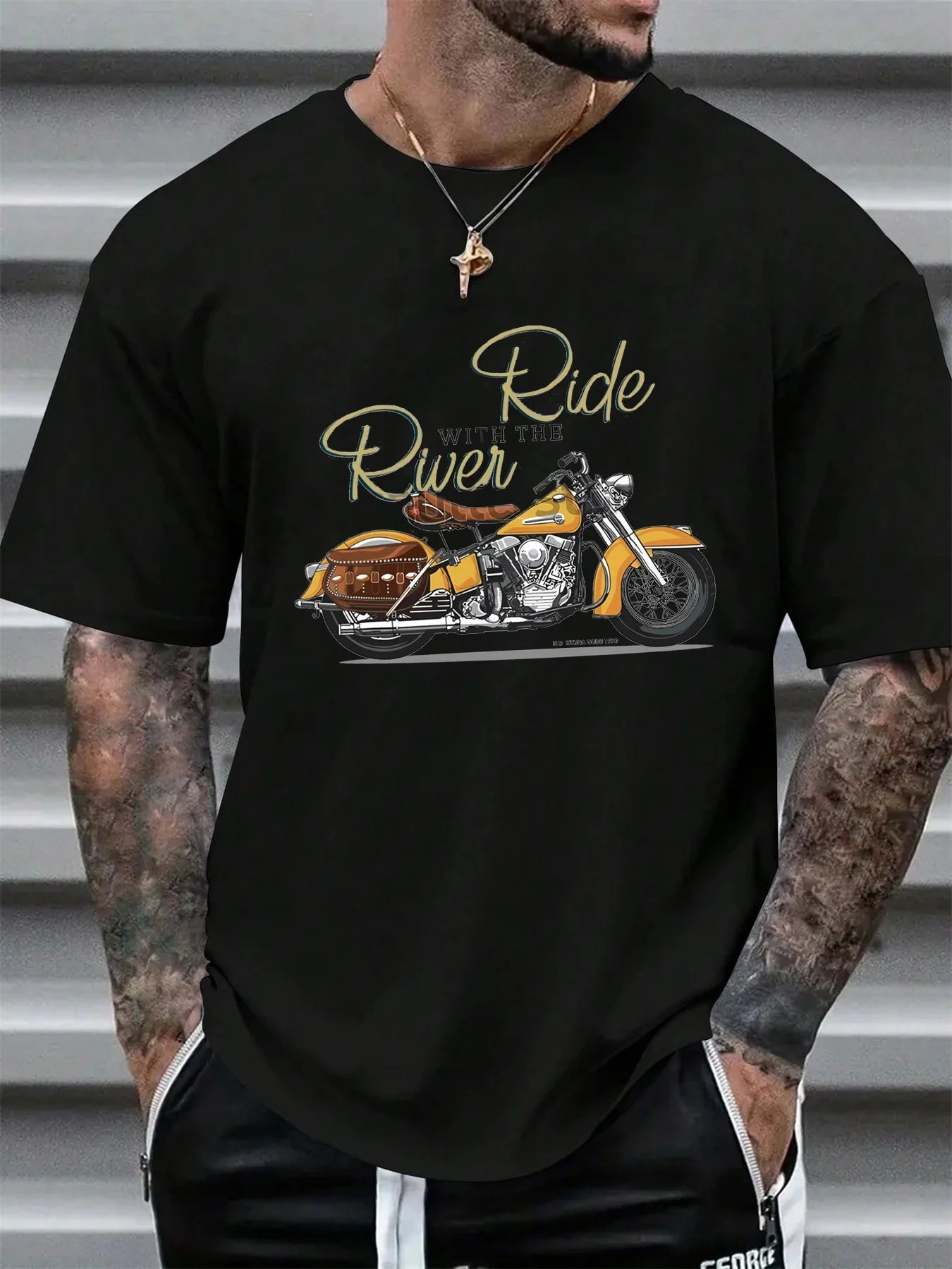 🏍️ Men’s Summer 100% Cotton Casual T-Shirt,Classic Retro Motorcycle Print | Loose Fit | Breathable Comfort