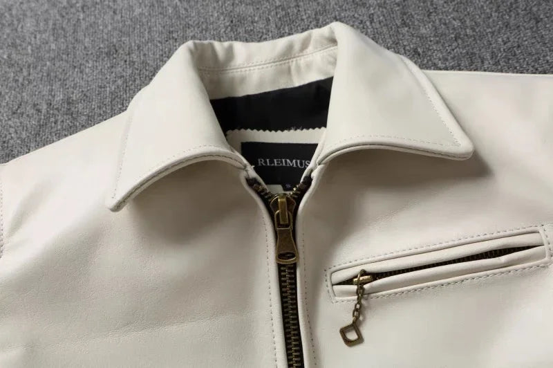 Men's Genuine Leather Jacket White Lapel Calfskin Jacket Natural Cowhide Men's Coat Slim Fit Top Layer Cowhide Biker Jacket
