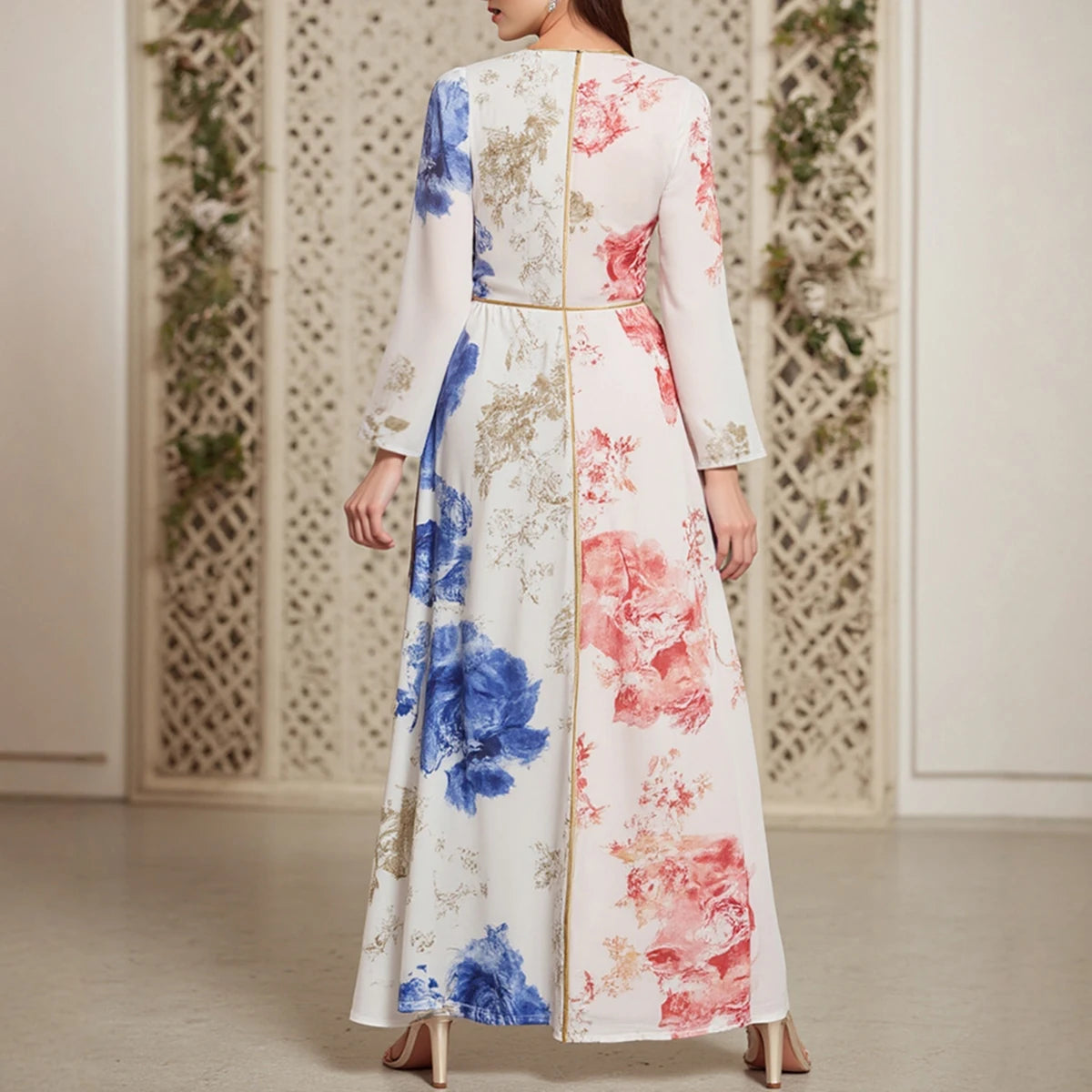 Rafiah Women's Summer Arabian Dress Loose Fit Comfortable Floral Contrast Color Long Sleeve V-Neck Midi Casual Arabian Dress