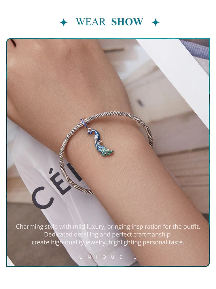 Bamoer  925 Sterling Silver Phoenix Pendant Dragon Charms Enamel Process Plated Platinuma Fit Women DIY Bracelet Fine Jewelry