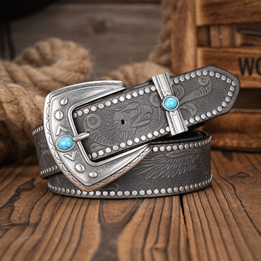 Men Women-Western-Cowboy-PU Leather-Belts - Vintage Belt Floral Engraved Buckle Belt for Jeans